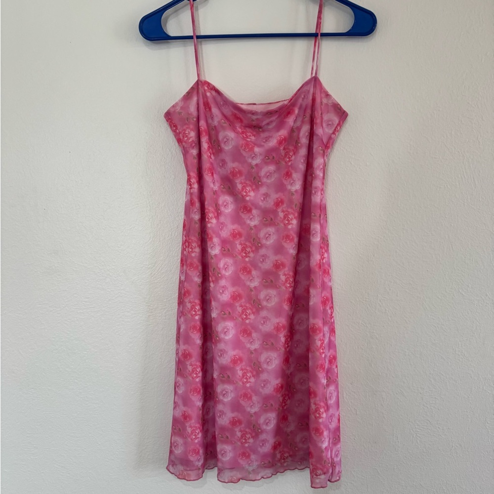 Vanity Pink Floral Rose Mesh Overlay‎ Cowl Neck Slip Dress Large Y2K (747)